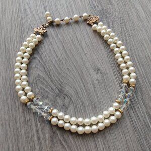 Vintage Faux Pearl Aurora Borealis Beaded Necklace Double Strands Formal